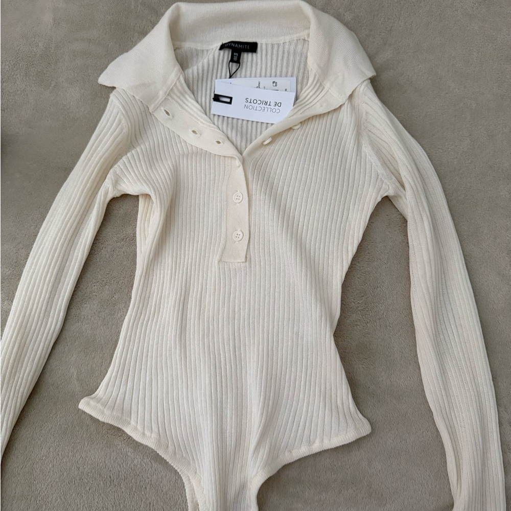 Cream Ribbed Long Sleeve Top